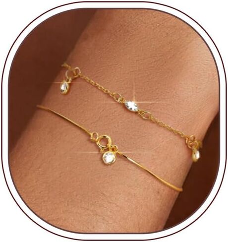 DAILI Gold Bracelets Stack, 14K Gold Silver Bracelets for Women Non Tainish Dainty Adjustable Waterproof Layered Stainless Steel Clover Flower Four Leaf CZ Herringbone Chain Stackable Bracelet Jewelry in Kuwait