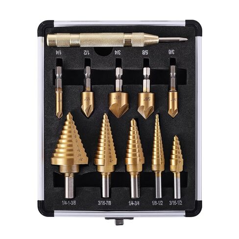 5Pcs Step Drill Bit & 5Pcs Countersink Drill Bit Set, Titanium Coated, HSS Step Bit, 50 Sizes of Step Bit for Metal with Aluminum Case, Multiple Hole Stepped Up Bits for DIY in Kuwait