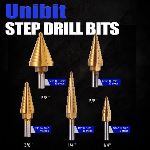 5Pcs Step Drill Bit & 5Pcs Countersink Drill Bit Set, Titanium Coated, HSS Step Bit, 50 Sizes of Step Bit for Metal with Aluminum Case, Multiple Hole Stepped Up Bits for DIY in Kuwait