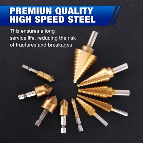 5Pcs Step Drill Bit & 5Pcs Countersink Drill Bit Set, Titanium Coated, HSS Step Bit, 50 Sizes of Step Bit for Metal with Aluminum Case, Multiple Hole Stepped Up Bits for DIY in Kuwait