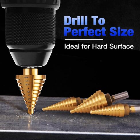 5Pcs Step Drill Bit & 5Pcs Countersink Drill Bit Set, Titanium Coated, HSS Step Bit, 50 Sizes of Step Bit for Metal with Aluminum Case, Multiple Hole Stepped Up Bits for DIY in Kuwait