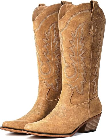 IUV Cowboy Boots For Women Chunky Heel Pointed Toe Cowgirl Boots Mid Calf Western Embroidery Boot in Kuwait