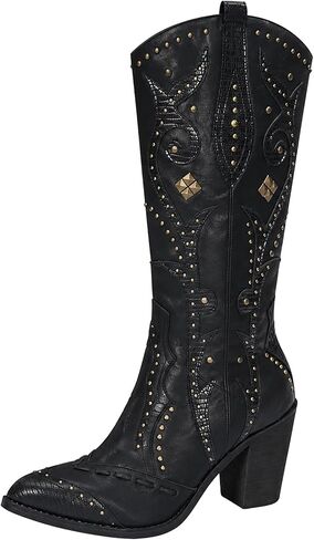 Women’s Western Cowgirl Boots – Black Leather Pointed Toe Boots with Studded Detailing, Chunky Heel, Embroidered Mid-Calf Design for Rodeo, Festival & Night Out in Kuwait