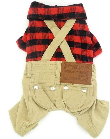 SMALLLEE_LUCKY_STORE Pet Clothes for Small Dog Cat Red Plaid Shirts Sweater with Khaki Overalls Pants Jumpsuit Outfits M in Saudi Arabia