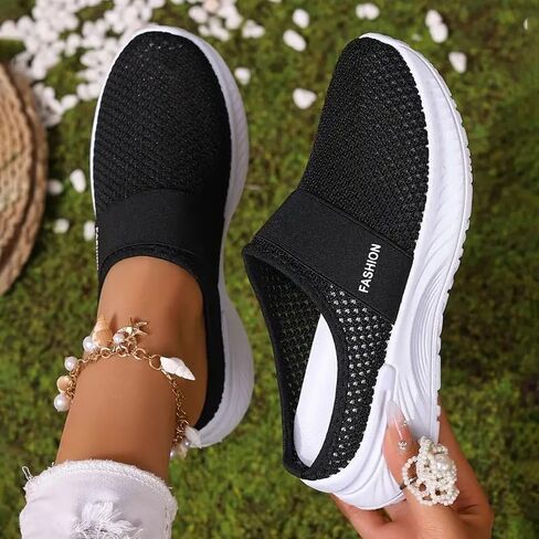 Women Breathable Mule Sneakers Walking Shoes Lightweight Non-Slip Casual Platform Shoes Black in Kuwait