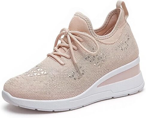 Women's Mesh Rhinestone Wedge Sneakers with Arch Support Comfortable Lightweight Breathable Round Toe Lace-Up Non-Slip Casual Walking Sport Shoes for Work Commuting Leisure Daily in Kuwait