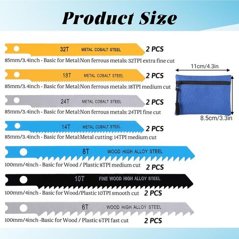 14 PCS U-Shank Jig Saw Blade Set, U-Shank Jigsaw Blades | High Carbon Steel Fast Sharp Cut for Wood Metal Plastic, 6T 8T 10T 14T 18T 24T 32T Jigsaw Blade Assortment with Storage Pouch in Kuwait
