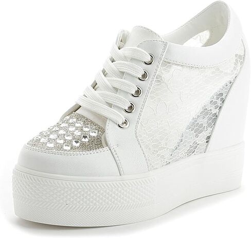 Womens Fashion White Sneakers With Hidden Heel Cute Stylish Low Top Platform Wedge Wedding Shoes For Girls, Students in Kuwait