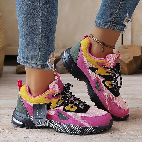 Women's Multi Color Mesh Faux Leather Lace Up Rugged Sole Casual Walking Sneakers in Kuwait
