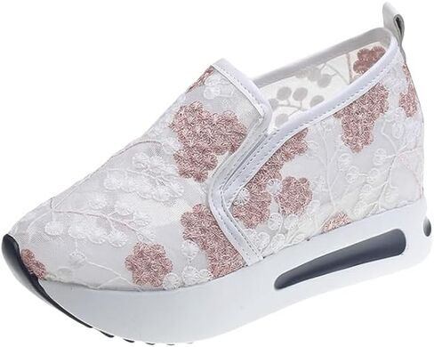 Fashion Sneakers for Women, Floral Embroidery Breathable Sheer Mesh Lace Sneakers Slip on Sneakers Platform Wedge Sneakers Dressy Casual Walking Shoes in Kuwait