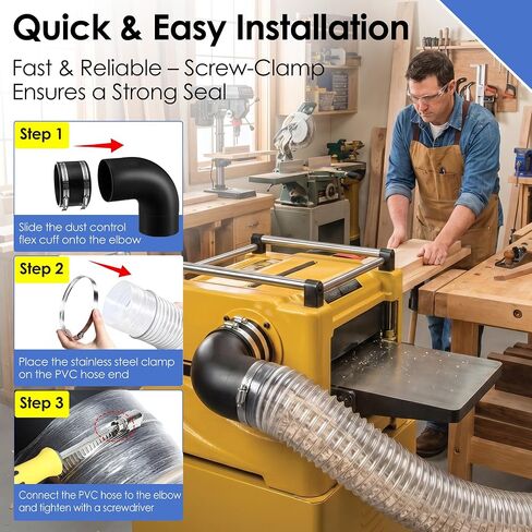 Saillong 4" x 10' PVC Dust Collection Hose with Quick Connect 4in Elbow, 4" Rubber Dust Contral Flex Cuff and 2 Steel Adjustable Hose Clamps for Capturing Sawdust, Wood Chips and Debris in Saudi Arabia