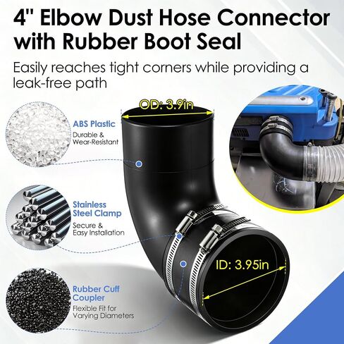 Saillong 4" x 10' PVC Dust Collection Hose with Quick Connect 4in Elbow, 4" Rubber Dust Contral Flex Cuff and 2 Steel Adjustable Hose Clamps for Capturing Sawdust, Wood Chips and Debris in Saudi Arabia