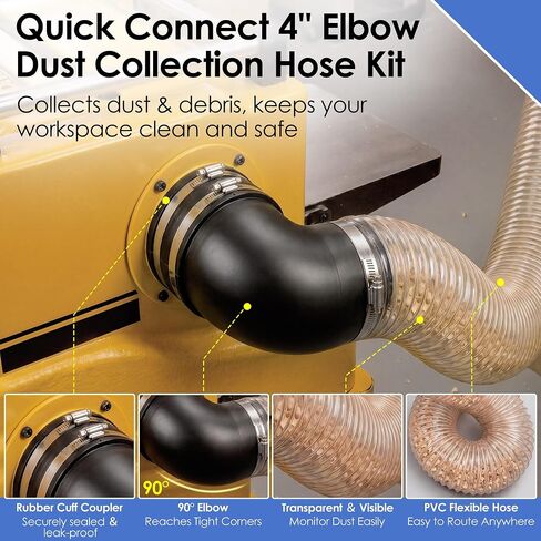 Saillong 4" x 10' PVC Dust Collection Hose with Quick Connect 4in Elbow, 4" Rubber Dust Contral Flex Cuff and 2 Steel Adjustable Hose Clamps for Capturing Sawdust, Wood Chips and Debris in Saudi Arabia