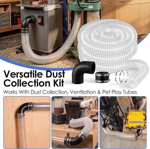 Saillong 4" x 10' PVC Dust Collection Hose with Quick Connect 4in Elbow, 4" Rubber Dust Contral Flex Cuff and 2 Steel Adjustable Hose Clamps for Capturing Sawdust, Wood Chips and Debris in Saudi Arabia