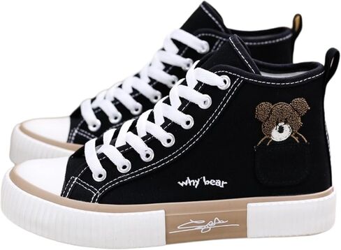 Women's High Top Canvas Sneakers Cute Bear Embroidery Kawaii Shoes Biscuit Sole Lace Up Casual Walking Shoes for Teen Girls School in Kuwait