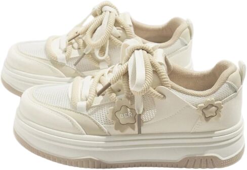 Cute Teen Girls Platform Sneakers with Flower Charm Kawaii Fashion Shoes with Double Laces, Breathable Mesh, Lightweight Casual Walking Shoes (Beige/Pink/Yellow) in Kuwait