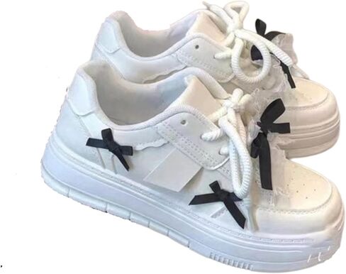 Cute Bow Platform Sneakers for Women - Lace Trim Chunky Sole Fashion Shoes - Sweet Ribbon Detail White Casual Shoes in Kuwait