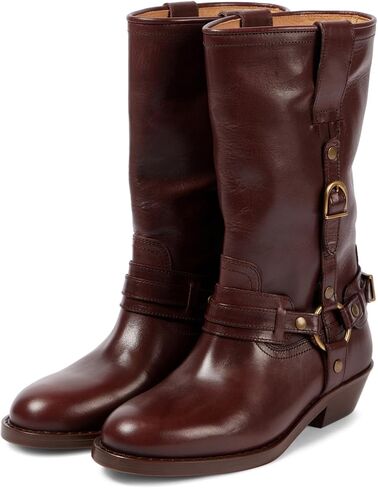 Elbslutt Mid Calf Boots For Women Chunky Low Heel Riding Booties Motorcycle Biker Round Toe Wide Calf Fashion Buckle Western Booties Trendy Stylish Shoes Boots in Kuwait