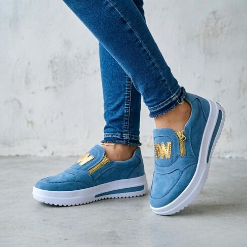 Women's Comfortable Zipper Wedge Platform Shoes, Fashion Letter Decor Slip-on Sneakers, Lightweight Breathable Summer Casual Flats in Kuwait