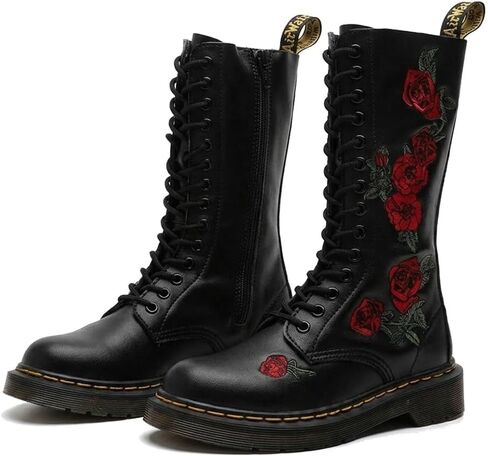 Women's Floral Embroidered Combat Boots Chunky Platform Mid-Calf Lace Up Shoes with Rose Embroidery Outdoor Chic Boots in Kuwait