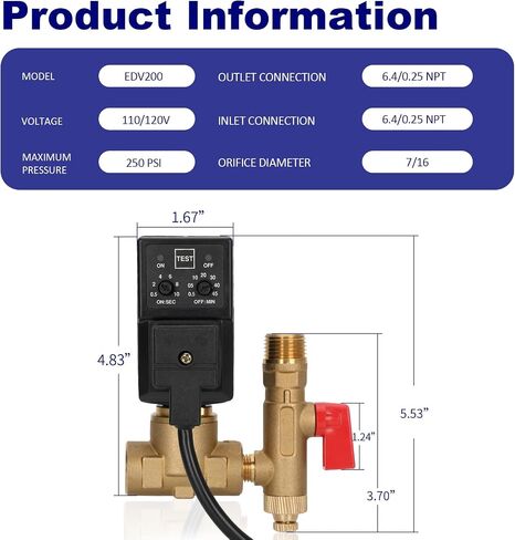 Edv200 Electronic Drain Valve Replacement, 1/4NPT 110/120v 7/16" ORF, Full-Function Automatic Condensate Drain Valve for Removes Condensed Water And Oil From The Air Receiver Tank in Kuwait