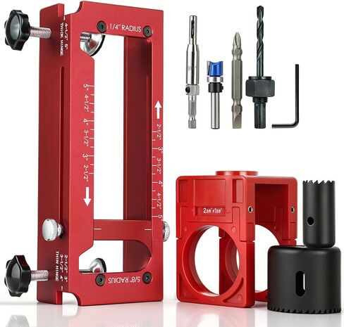 Door Hinge Jig & Lock Hole Drilling Kit – Adjustable Aluminum Router Template for Hinge Mortising (2.5"-5", 1/4"R, 5/8"R, Square Corner) – For 1-3/8" & 1-3/4" Thick Doors in Kuwait