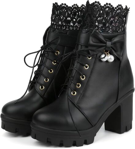 BEAUPAS Women's Goth Platform Ankle Boots Lace Up Combat Boot | Chunky Platform Sole, Decorative Bow Detail, Combat Style, Faux Leather Upper, Women's Footwear in Kuwait
