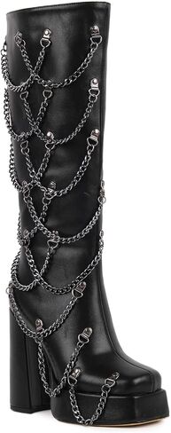 VERISSON Women's Gothic Platform Knee High Boots with Chains, Square Toe Studded Side Zipper Long Boots Chunky High Heel Black Tall Boots in Kuwait