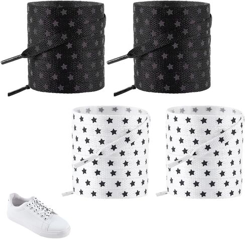FINGERINSPIRE 2 Pairs Star Flat Shoe Laces 55x5/16Inch Black/White Polyester Shoelaces Fashion Black Star Pattern Lace Durable Replacement Laces Set for Sneakers Boots Casual Shoes in Kuwait