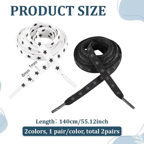 FINGERINSPIRE 2 Pairs Star Flat Shoe Laces 55x5/16Inch Black/White Polyester Shoelaces Fashion Black Star Pattern Lace Durable Replacement Laces Set for Sneakers Boots Casual Shoes in Kuwait