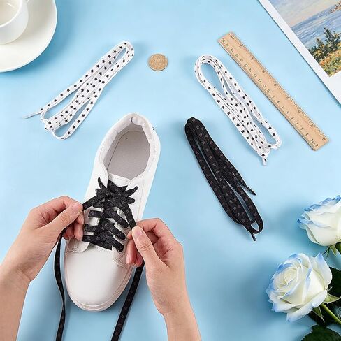 FINGERINSPIRE 2 Pairs Star Flat Shoe Laces 55x5/16Inch Black/White Polyester Shoelaces Fashion Black Star Pattern Lace Durable Replacement Laces Set for Sneakers Boots Casual Shoes in Kuwait