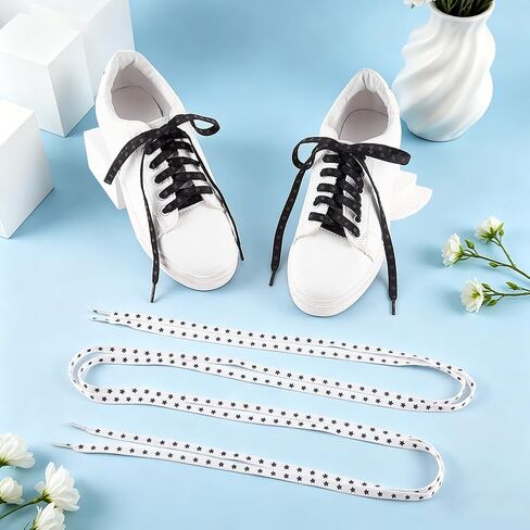 FINGERINSPIRE 2 Pairs Star Flat Shoe Laces 55x5/16Inch Black/White Polyester Shoelaces Fashion Black Star Pattern Lace Durable Replacement Laces Set for Sneakers Boots Casual Shoes in Kuwait