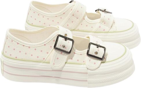 Women's Polka Dot Double - Buckle Mary Jane Platform Sneakers: Chunky Sole Canvas Casual Shoes for Summer Fun in Kuwait