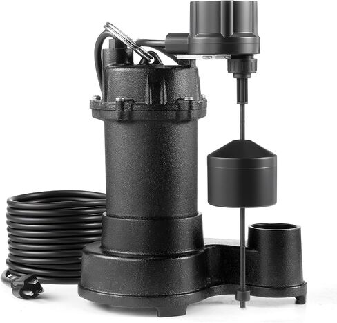 VEVOR Submersible Sewage Pump, 3/4 HP, 6000 GPH Cast Iron Sewage/Effluent Pump with Automatic Tethered Float Switch, 2-Inch NPT Discharge, 120V, 23 ft Max Lift, for Basement, Septic Tank, Residential in Kuwait