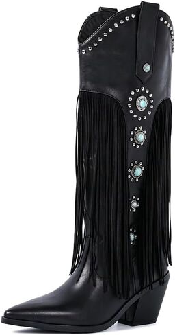 Winforea Women's Knee High Western Cowboy Boots, Wide Calf Cowgirl Vintage Fringe Boots Pointed Toe Chunky Heel with Turquoise Studded, Retro Classic Pull On for Country Concert Rodeo in Kuwait