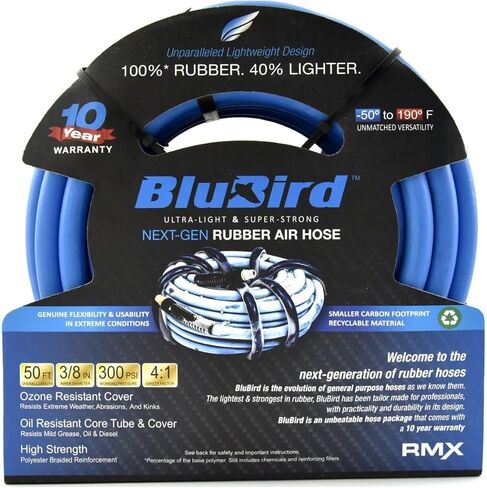 BLUBIRD BB38100 3/8" x 100' Rubber Air Hose, 100% Rubber, Lightest, Strongest, Most Flexible, 300 PSI, 50F to 190F Degrees, Ozone Resistant, High Strength Polyester Braided | High-Performance Pneumatic Hose for Automotive Construction & Industrial, Durabl in Kuwait