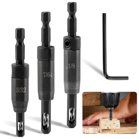 3-Piece Self Centering Drill Bit Set, Ultra-Hard Steel VIX Bit with Hex Key, CC2430 3/32" 7/64" 1/8" Center Hinge Drill Bits for 1/4In Hex Shank Drills, Install Hinge & Cabinet and Doors in Kuwait