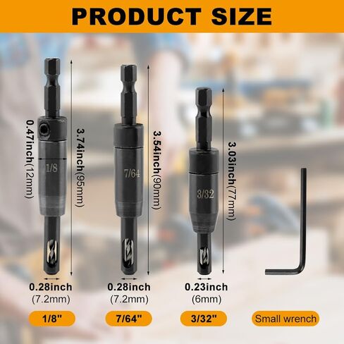 3-Piece Self Centering Drill Bit Set, Ultra-Hard Steel VIX Bit with Hex Key, CC2430 3/32" 7/64" 1/8" Center Hinge Drill Bits for 1/4In Hex Shank Drills, Install Hinge & Cabinet and Doors in Kuwait