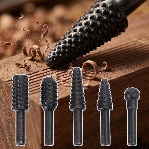 5Pcs Rotary Drill Bits Set Wood Carving File Rasp Drill Bit, 1/4" 6mm Shank Tool Power Tools Woodworking Chisel Shaped Rotating Embossed Grinding Head (5-piece Set of Cork) in Kuwait