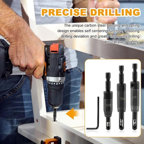 3-Piece Self Centering Drill Bit Set, Ultra-Hard Steel VIX Bit with Hex Key, CC2430 3/32" 7/64" 1/8" Center Hinge Drill Bits for 1/4In Hex Shank Drills, Install Hinge & Cabinet and Doors in Kuwait