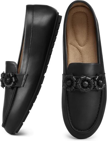 Ecetana Loafers for Women Comfortable Flats - Casual Slip On Shoes for Work | Penny Loafers with Floral - Memory Foam Cushioned Footbed - Flexible Non-Slip Driving Moccasins for Walking - All-Day Comfort in Kuwait