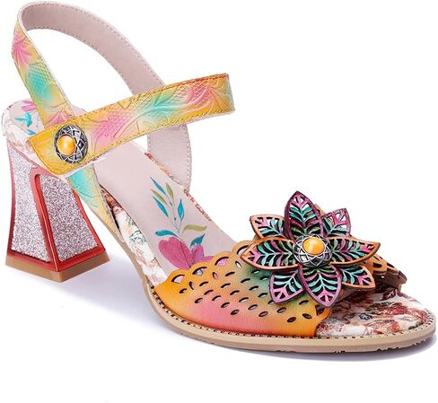 Sandals for Women Dressy Summer Block Heel Handmade Bohemian Flower Comfortable Leather Sandals Open Toed Slip-on Leather Shoes for Party Wedding Ladies in Kuwait