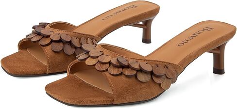 Kitten Heel Sandals for Women Slip on Mule Heels Comfortable Suede Square Open Toe Heeled Sandals with Ornamental Wood Tassel in Kuwait