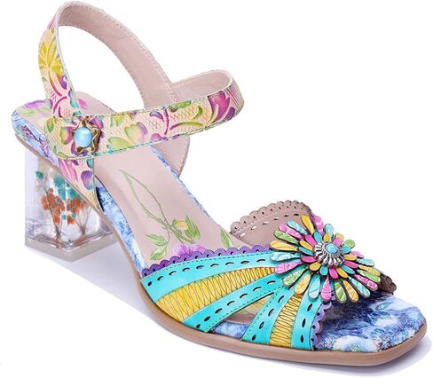Heels Sandals for Women Leather Round Open Toe Chunky Block Heel Ankle Strap Heeled Sandals Summer Dressy Party Shoes Bohemian Flower Comfort Walking in Kuwait