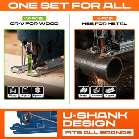 25pcs U-Shank Jigsaw Blades Set with Storage Case | CR-V&HSS Steel, for Wood Plastic Metal Cutting, Straight & Curve Cutting, Compatible with Bosch DeWalt Metabo Makita Skil AEG in Kuwait