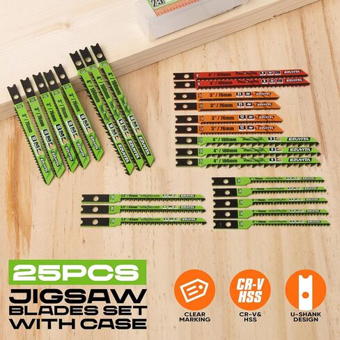 25pcs U-Shank Jigsaw Blades Set with Storage Case | CR-V&HSS Steel, for Wood Plastic Metal Cutting, Straight & Curve Cutting, Compatible with Bosch DeWalt Metabo Makita Skil AEG in Kuwait