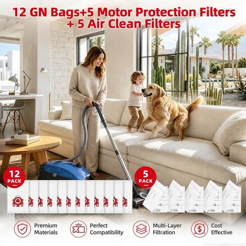 12pcs 3D AirClean FJM Dust Bags for Miele FJM Vacuum Cleaner Complete C1 | Compact C1, Compact C2, S241, S290, S300i, S500, S700, S4, S6 Series, with 5 Motor Protection Filters 5 Air Clean Filters in Kuwait