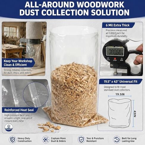 Dust Collector Bags 709563 for JET DC-1100VX / DC-1200VX Dust Collectors | for 6 Mil Thick,19.5" Diameter x 43" Length Heavy Duty Clear Dust Collector Bags, for Woodworking Shop (6-Pack) in Kuwait