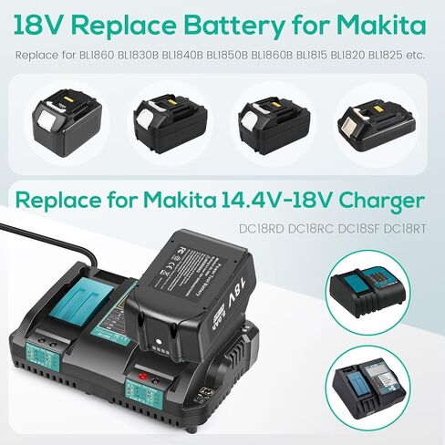 ARyee 2 Pack 18V 8.0Ah BL1860 Replacement Battery Charger Combo for Makita 18V Battery, DC18RD Rapid Dual Charger for BL1850B BL1840B BL1830B BL1815B in Kuwait