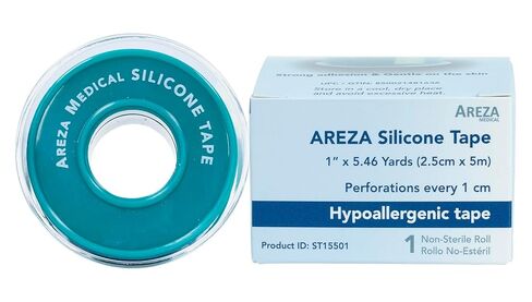 Areza Medical, Silicone Tape, Non-sterile, Hypoallergenic, with Perforations Every 1 cm, 1" x 5.46 yds. (2.5 cm x 5 m) - 3 Rolls per Box in Kuwait